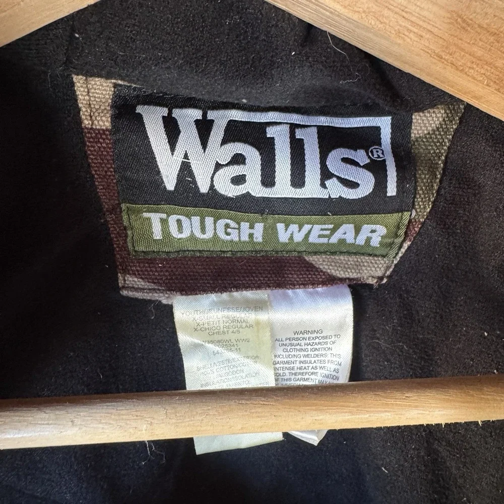 VTG Walls Tough Wear Canvas Camo Work Jacket Boys XS Insulated Full-zip Hooded